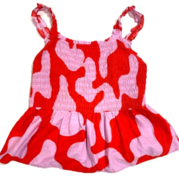 Smocked Babydoll Tank Top Pink Red Floral Boho Flowy Summer 1X Plus Ava & Viv - Picture 2 of 8